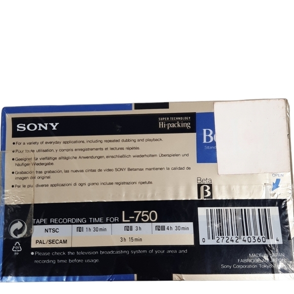 NWT Sony Beta Max Blank Tape Highgrade Cassette Tape L-750 Dynamicron Vintage - Picture 3 of 6